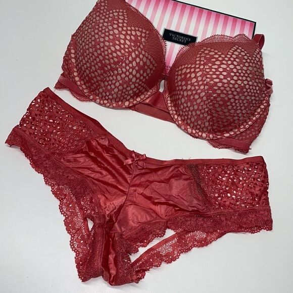 🔥VICTORIA SECRET BRA Very Sexy Set 2pc PUSH-UP SZ32D /M open back cheeky pink - Picture 2 of 10